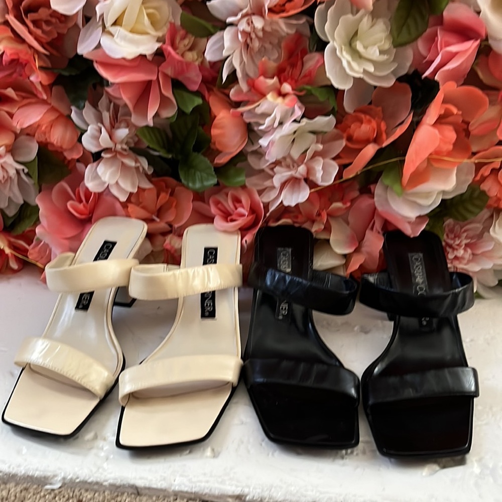 2 pairs of Cream & Black 90s Square Toe Strappy Heels from Casual Corner